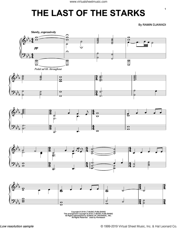 The Last Of The Starks (from Game of Thrones) sheet music for piano solo by Ramin Djawadi, intermediate skill level
