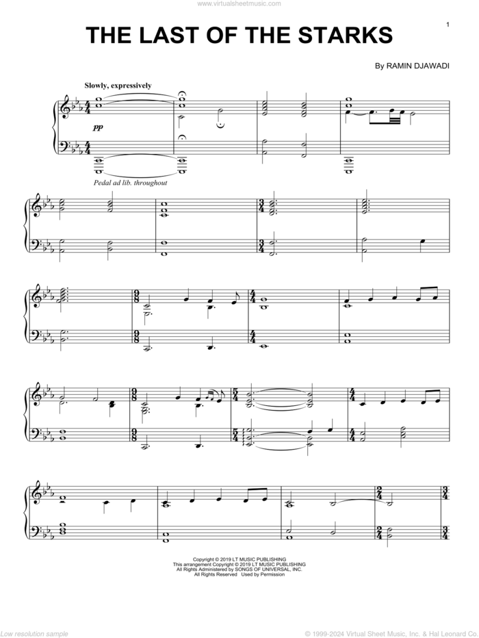 The Last Of The Starks (from Game of Thrones) sheet music for piano solo by Ramin Djawadi, intermediate skill level