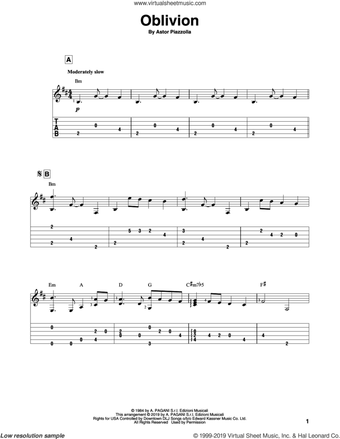 Oblivion sheet music for guitar solo by Astor Piazzolla, classical score, intermediate skill level