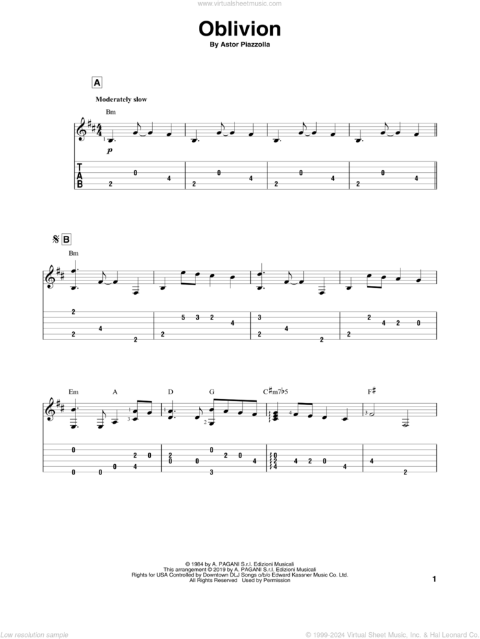 Oblivion sheet music for guitar solo by Astor Piazzolla, classical score, intermediate skill level