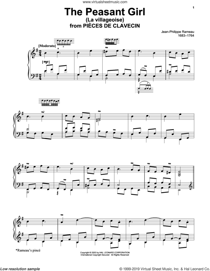 The Peasant Girl (La Villageoise) sheet music for piano solo by Jean-Philippe Rameau, classical score, intermediate skill level