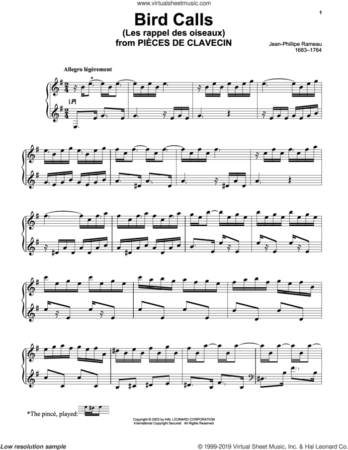 Bird Calls (Les Rappel Des Oiseaux) sheet music for piano solo by Jean-Philippe Rameau, classical score, intermediate skill level