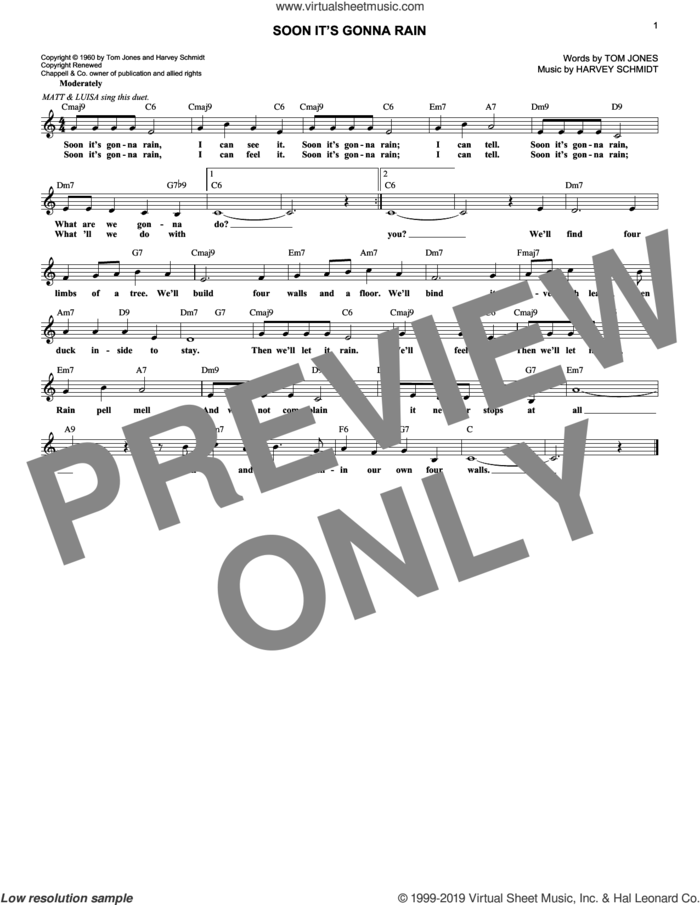 Soon It's Gonna Rain (from The Fantasticks) sheet music for voice and other instruments (fake book) by Harvey Schmidt and Tom Jones, intermediate skill level