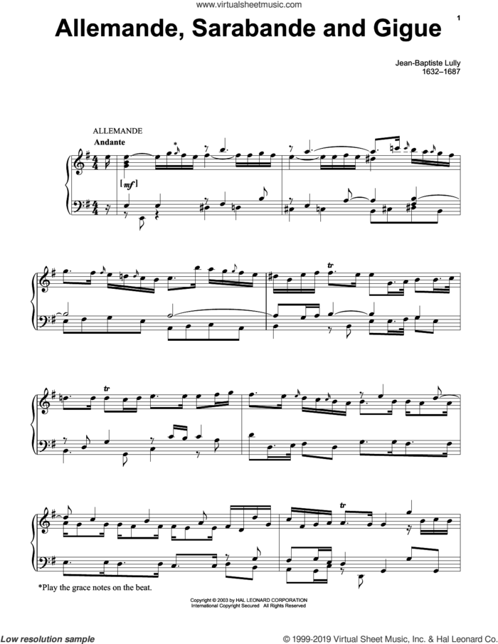Allemande, Sarabande And Gigue sheet music for piano solo by Jean-Baptiste Lully, classical score, intermediate skill level