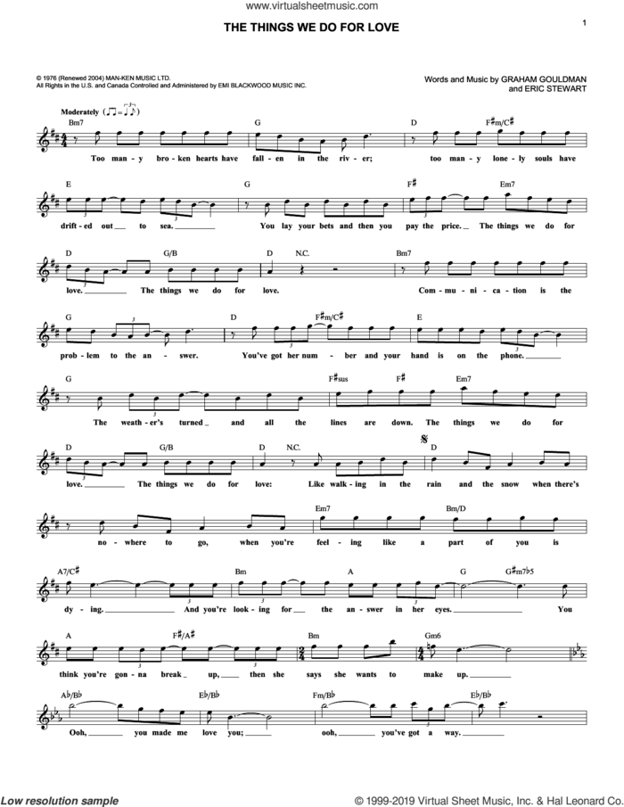 Things We Do For Love sheet music for voice and other instruments (fake book) by 10Cc, Eric Stewart and Graham Gouldman, intermediate skill level
