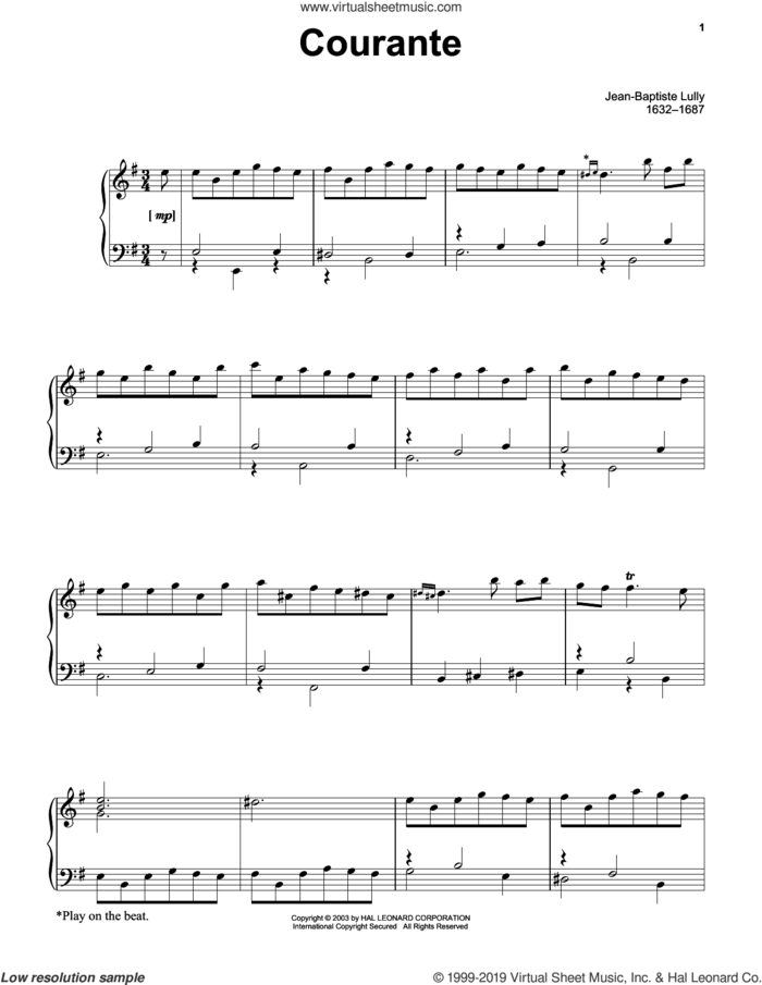Courante sheet music for piano solo by Jean-Baptiste Lully, classical score, intermediate skill level