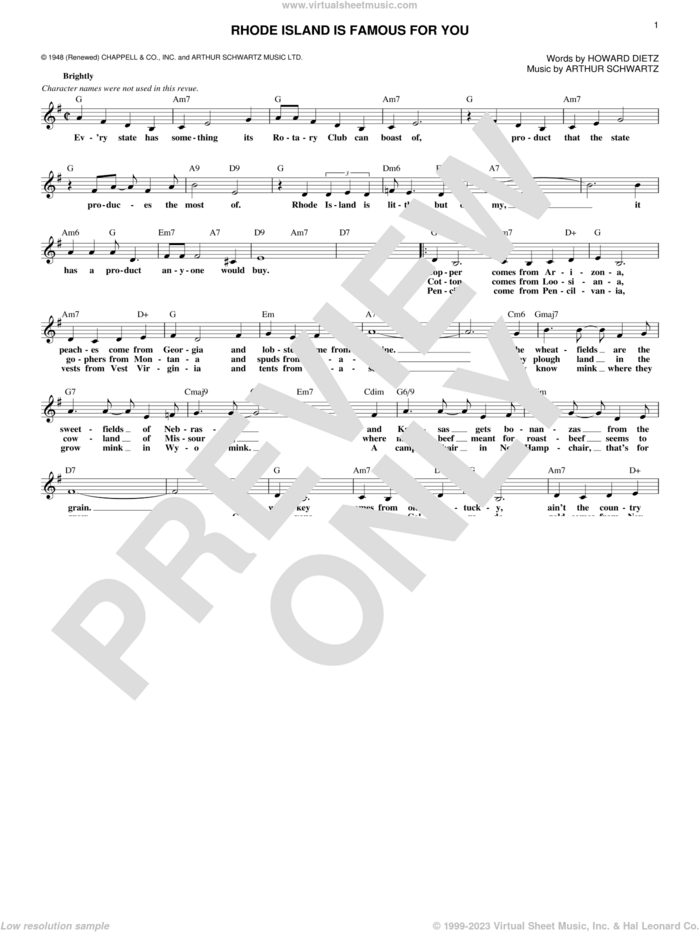 Rhode Island Is Famous For You (from Inside U.S.A.) sheet music for voice and other instruments (fake book) by Arthur Schwartz and Howard Dietz, intermediate skill level