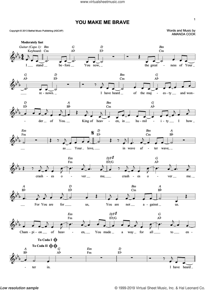 You Make Me Brave sheet music for voice and other instruments (fake book) by Bethel Music and Amanda Cook, intermediate skill level