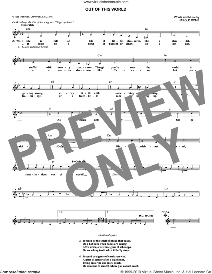 Out Of This World sheet music for voice and other instruments (fake book) by Harold Rome, intermediate skill level
