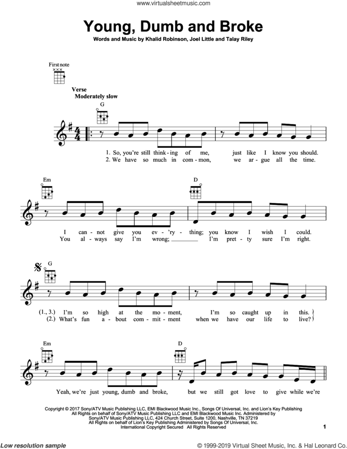 Young, Dumb And Broke sheet music for ukulele by Khalid, Joel Little, Khalid Robinson and Talay Riley, intermediate skill level