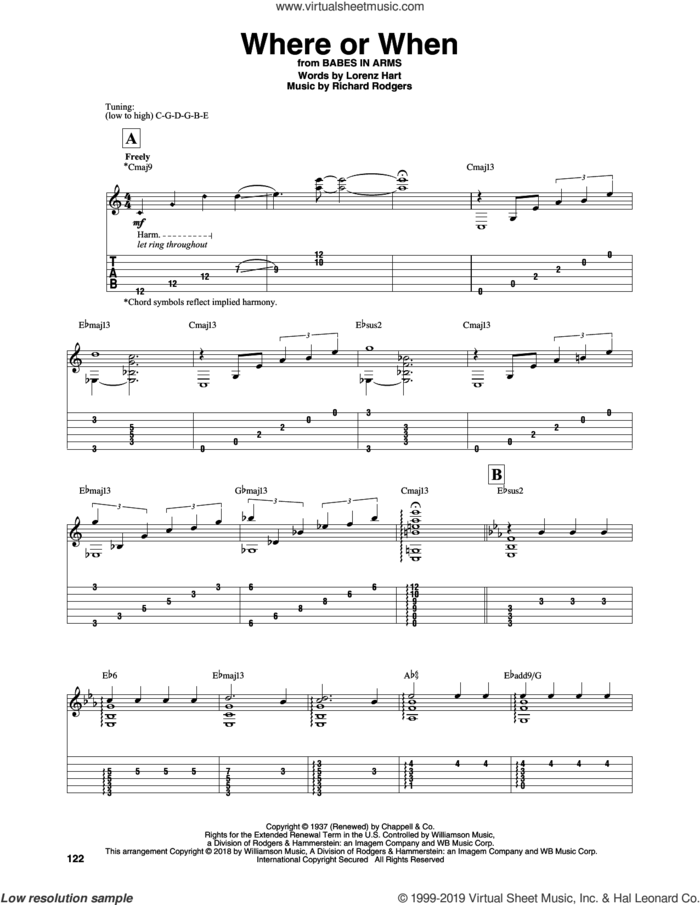 Where Or When sheet music for guitar solo by Dion & The Belmonts, Sean McGowan, Lorenz Hart and Richard Rodgers, intermediate skill level