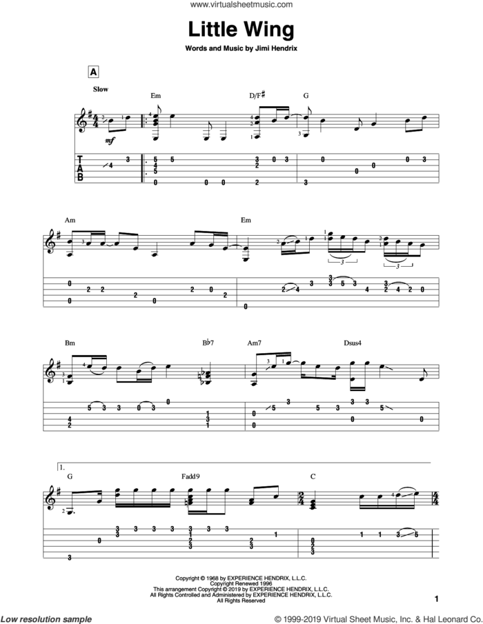 Little Wing sheet music for guitar solo by Jimi Hendrix, intermediate skill level