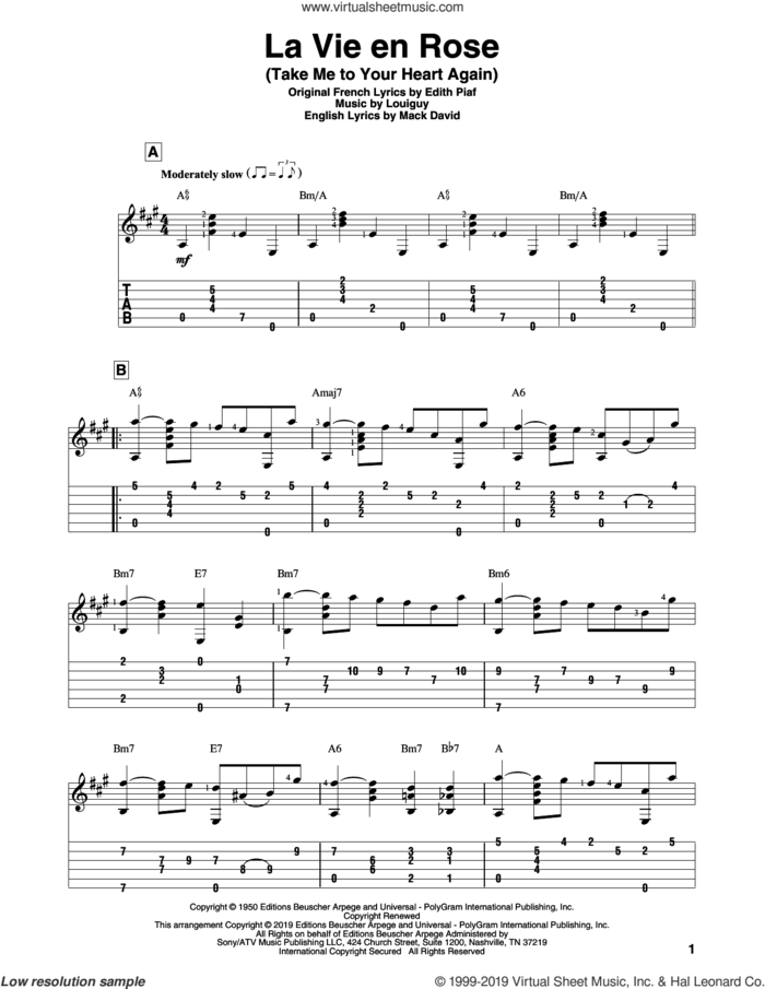 La Vie En Rose (Take Me To Your Heart Again) sheet music for guitar solo by Edith Piaf, Mack David and Marcel Louiguy, wedding score, intermediate skill level