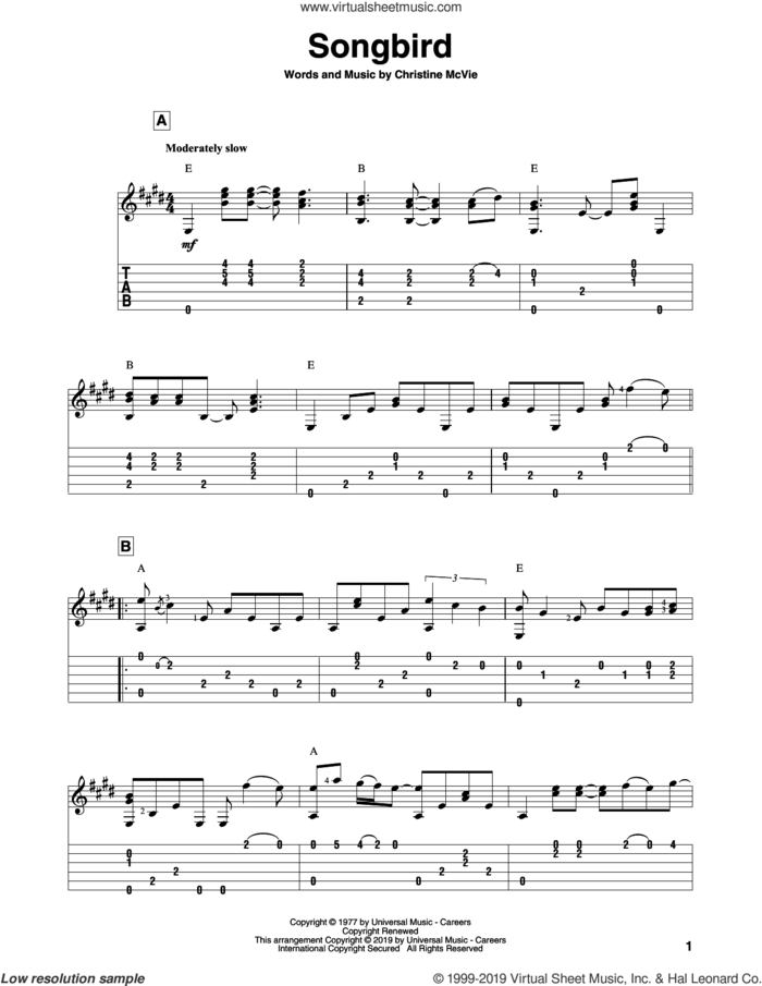 Songbird sheet music for guitar solo by Fleetwood Mac and Christine McVie, intermediate skill level