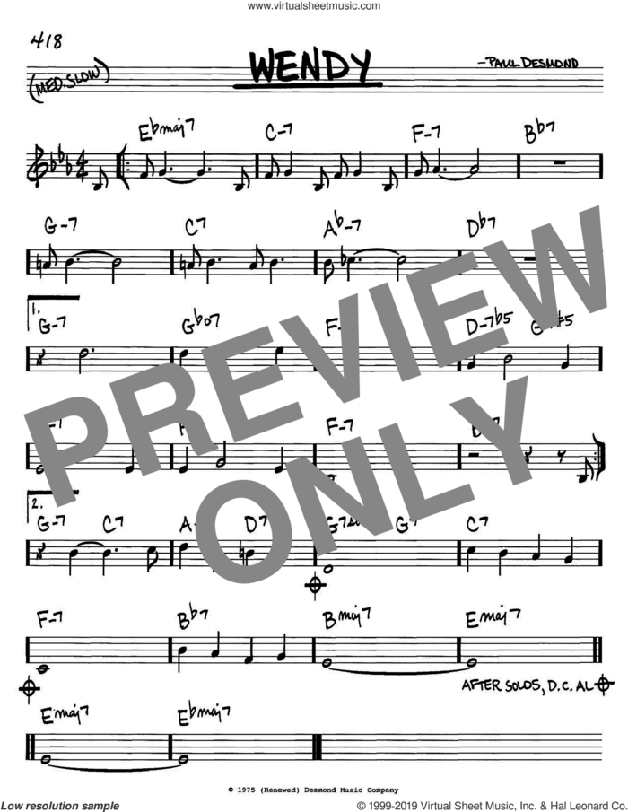 Wendy sheet music for voice and other instruments (in C) by Paul Desmond, intermediate skill level