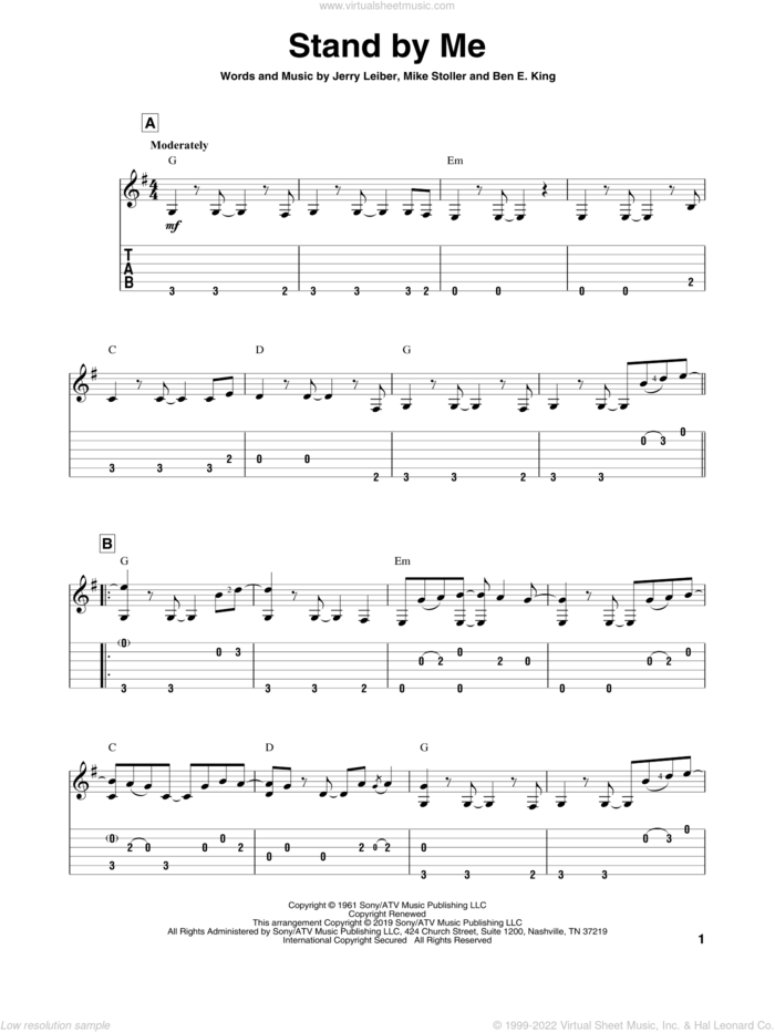 Stand By Me sheet music for guitar solo by Ben E. King, Jerry Leiber and Mike Stoller, intermediate skill level