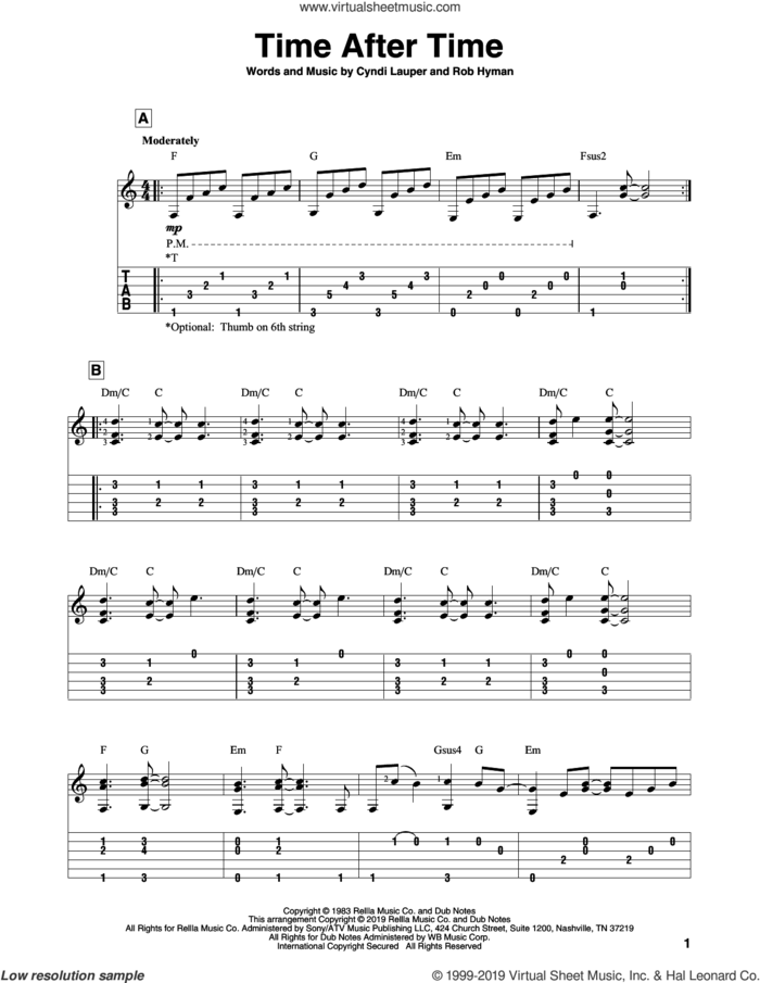 Time After Time sheet music for guitar solo by Cyndi Lauper and Rob Hyman, intermediate skill level