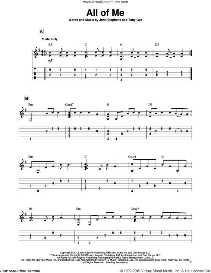 All Of Me sheet music for guitar solo by John Legend, John Stephens and Toby Gad, wedding score, intermediate skill level