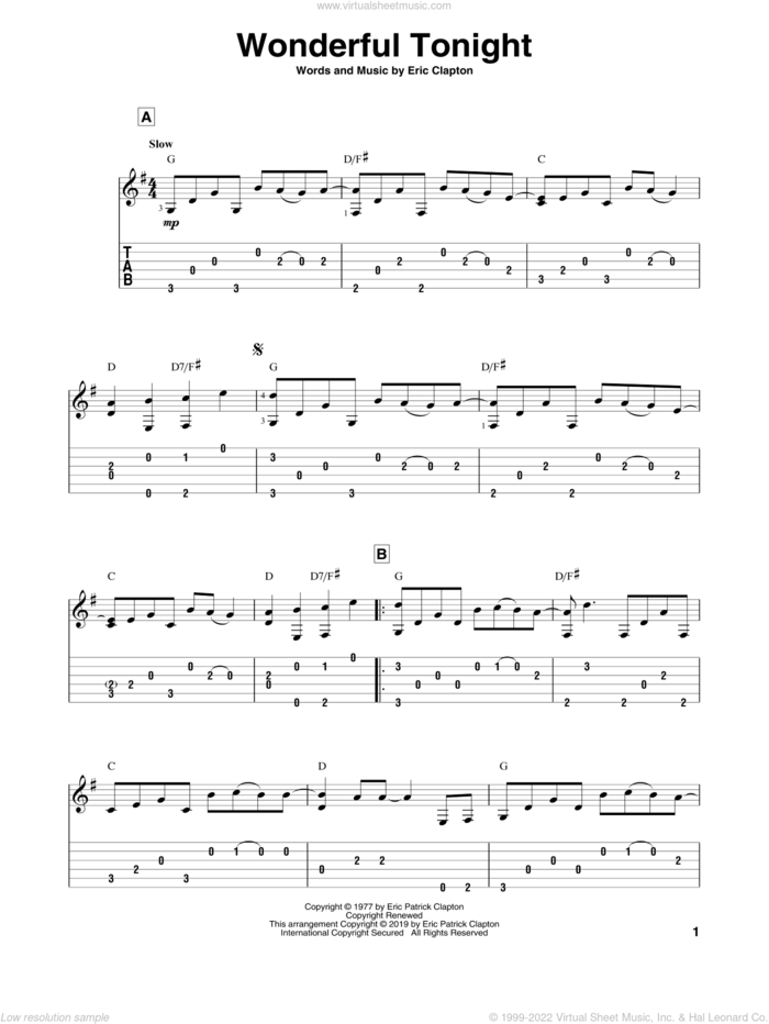 Wonderful Tonight sheet music for guitar solo by Eric Clapton, wedding score, intermediate skill level