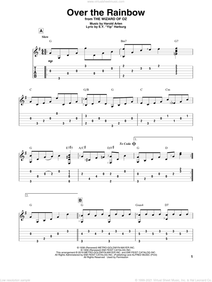 Over The Rainbow sheet music for guitar solo by Harold Arlen and E.Y. Harburg, intermediate skill level