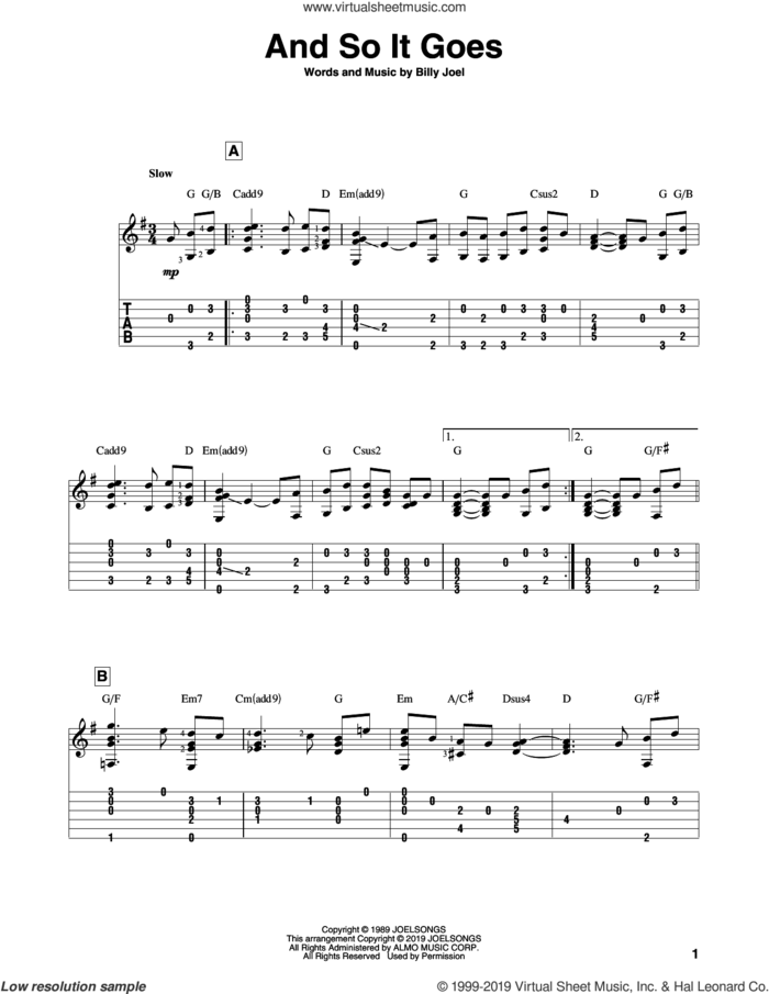 And So It Goes sheet music for guitar solo by Billy Joel, intermediate skill level