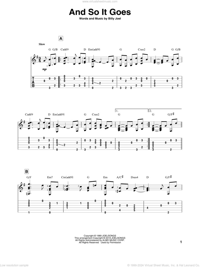 And So It Goes sheet music for guitar solo by Billy Joel, intermediate skill level