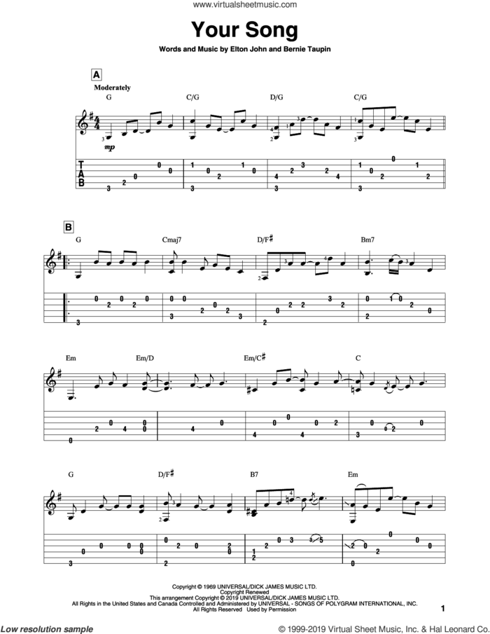 Your Song sheet music for guitar solo by Elton John and Bernie Taupin, intermediate skill level