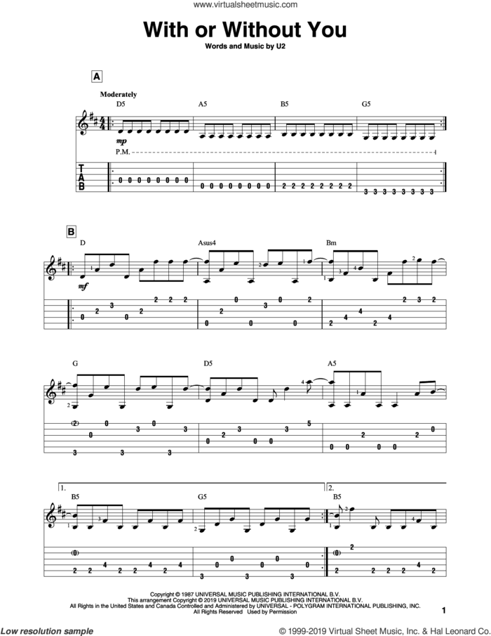 With Or Without You sheet music for guitar solo by U2, intermediate skill level
