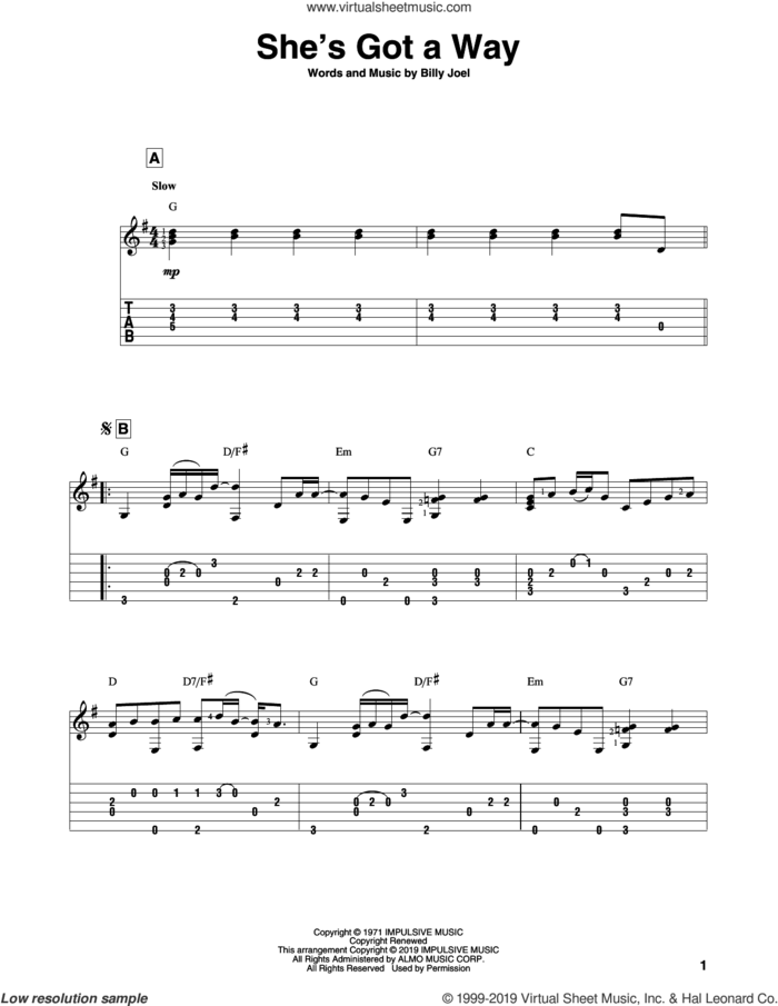 She's Got A Way sheet music for guitar solo by Billy Joel, intermediate skill level