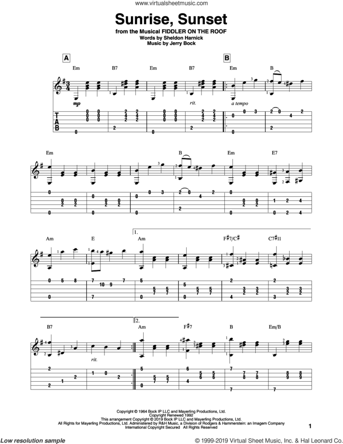 Sunrise, Sunset (from Fiddler On The Roof) sheet music for guitar solo by Bock & Harnick, Jerry Bock and Sheldon Harnick, wedding score, intermediate skill level