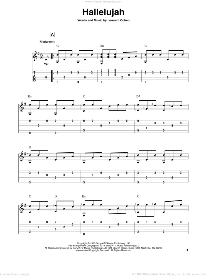 Hallelujah sheet music for guitar solo by Leonard Cohen, intermediate skill level