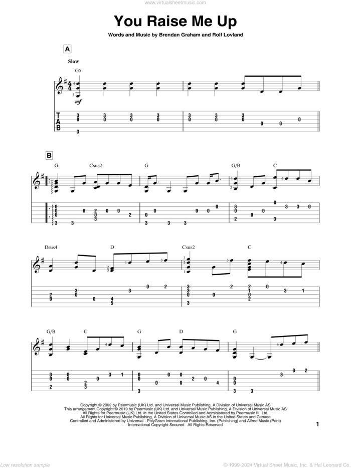 You Raise Me Up sheet music for guitar solo by Josh Groban, Brendan Graham and Rolf Lovland, wedding score, intermediate skill level