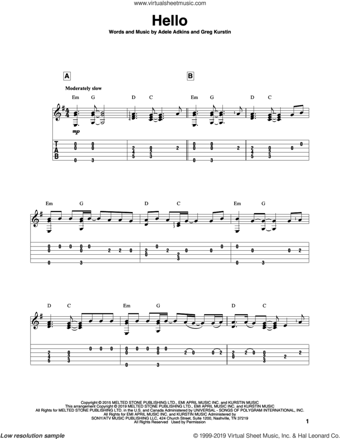 Hello sheet music for guitar solo by Adele, Adele Adkins and Greg Kurstin, intermediate skill level