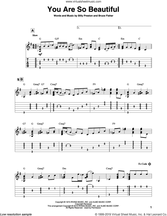 You Are So Beautiful sheet music for guitar solo by Joe Cocker, Billy Preston and Bruce Fisher, intermediate skill level