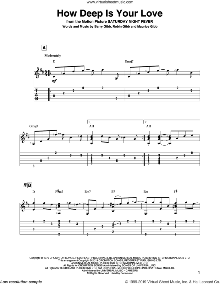 How Deep Is Your Love sheet music for guitar solo by Bee Gees, Barry Gibb, Maurice Gibb and Robin Gibb, intermediate skill level