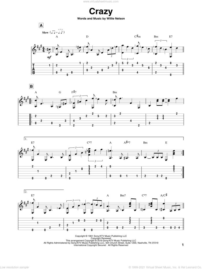 Crazy sheet music for guitar solo by Patsy Cline and Willie Nelson, intermediate skill level