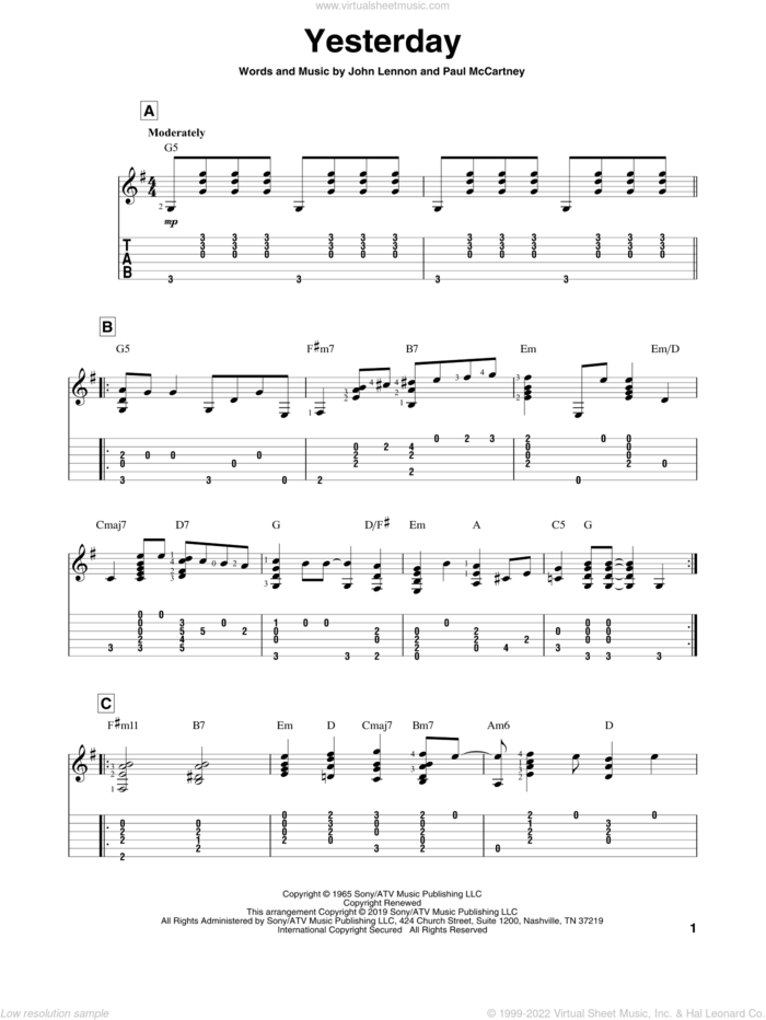 Yesterday sheet music for guitar solo by The Beatles, John Lennon and Paul McCartney, intermediate skill level