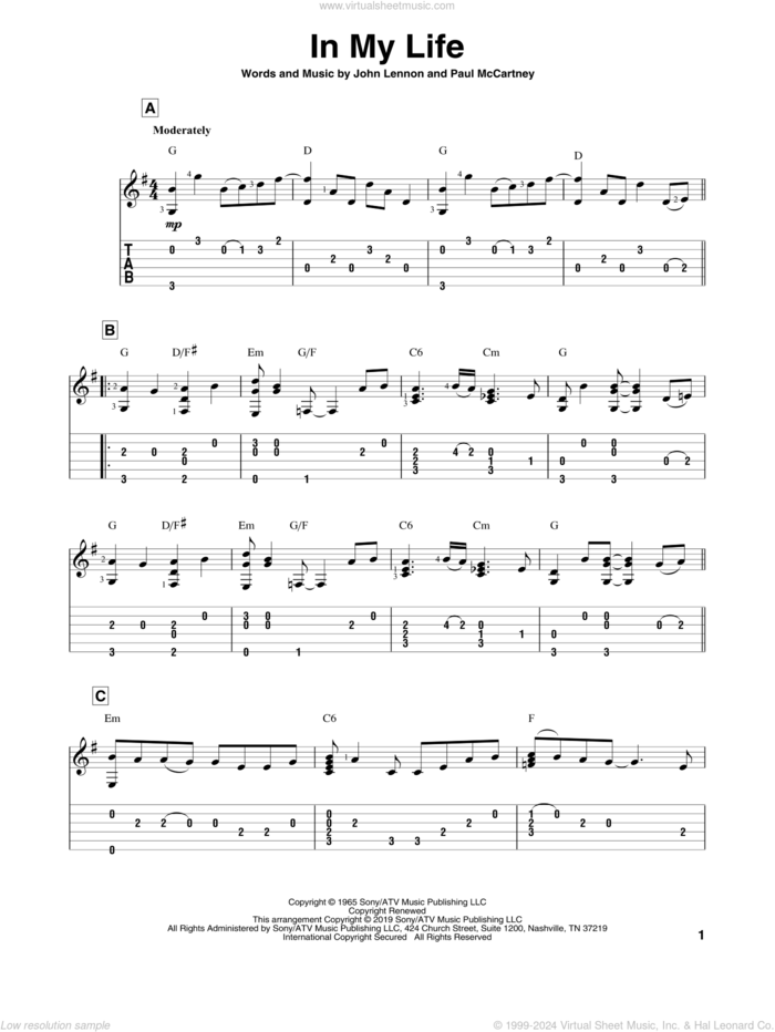 In My Life sheet music for guitar solo by The Beatles, John Lennon and Paul McCartney, wedding score, intermediate skill level