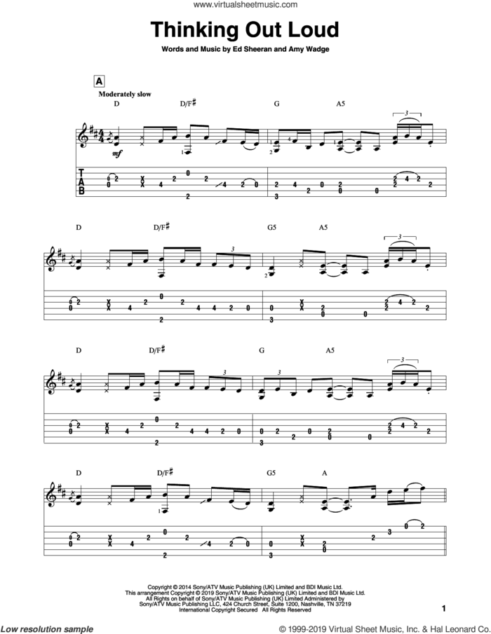 Thinking Out Loud sheet music for guitar solo by Ed Sheeran and Amy Wadge, wedding score, intermediate skill level