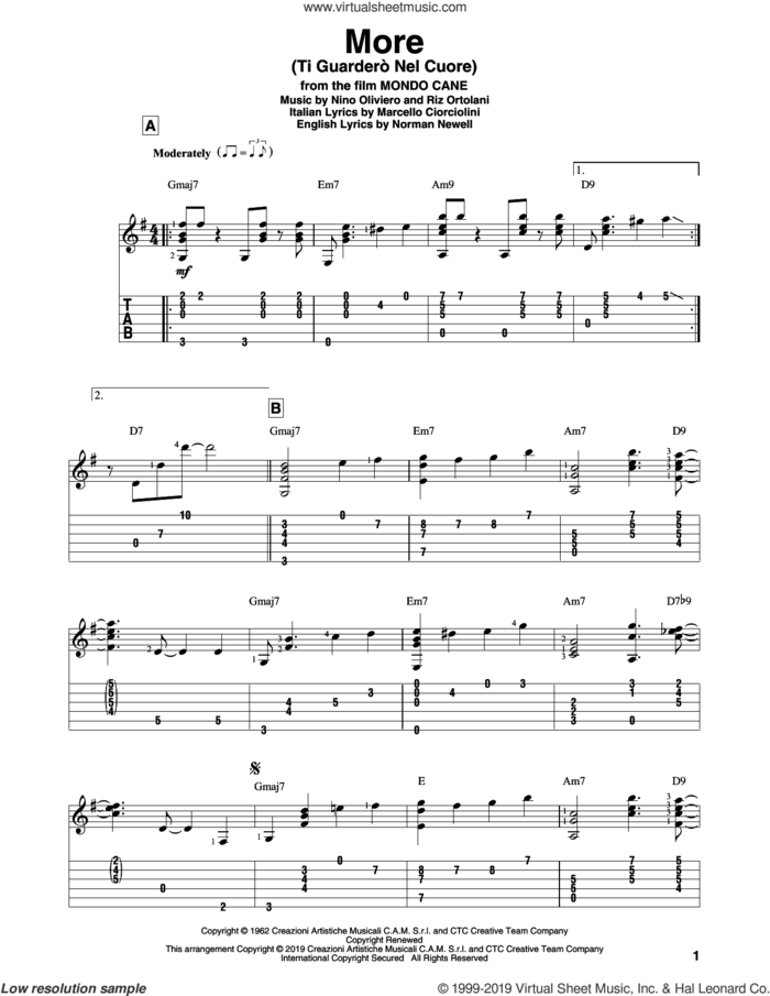 More (Ti Guardero Nel Cuore) sheet music for guitar solo by Norman Newell, Marcello Ciorciolini, Nino Oliviero and Riz Ortolani, intermediate skill level