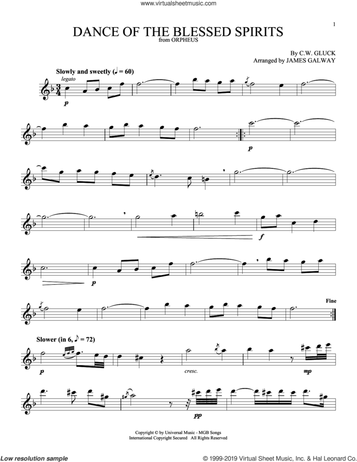 Dance Of The Blessed Spirits sheet music for flute solo by James Galway and Christoph Willibald Gluck, classical score, intermediate skill level