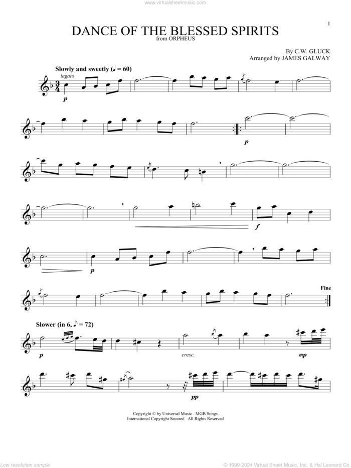 Dance Of The Blessed Spirits sheet music for flute solo by James Galway and Christoph Willibald Gluck, classical score, intermediate skill level