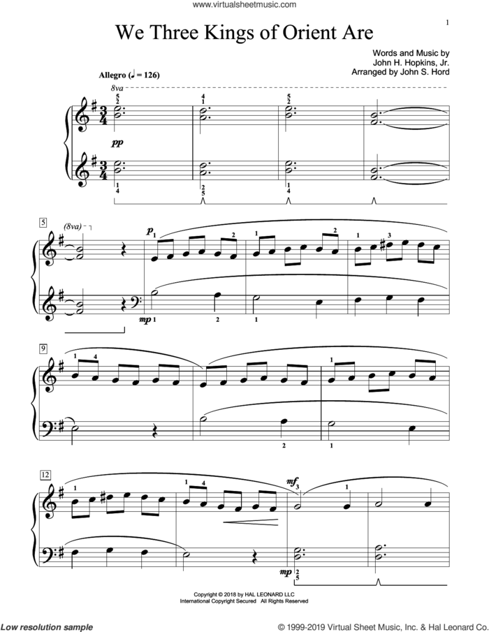We Three Kings Of Orient Are (arr. John S. Hord) sheet music for piano solo (elementary) by John H. Hopkins, Jr. and John S. Hord, beginner piano (elementary)