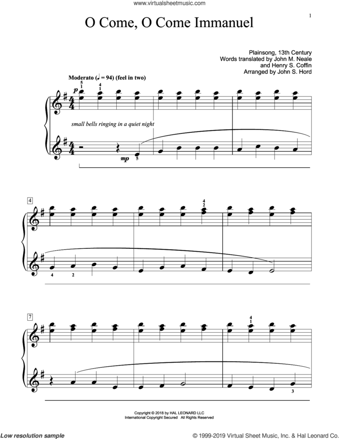 O Come, O Come Immanuel (arr. John S. Hord) sheet music for piano solo (elementary) by Plainsong, 13th Century and John S. Hord, beginner piano (elementary)