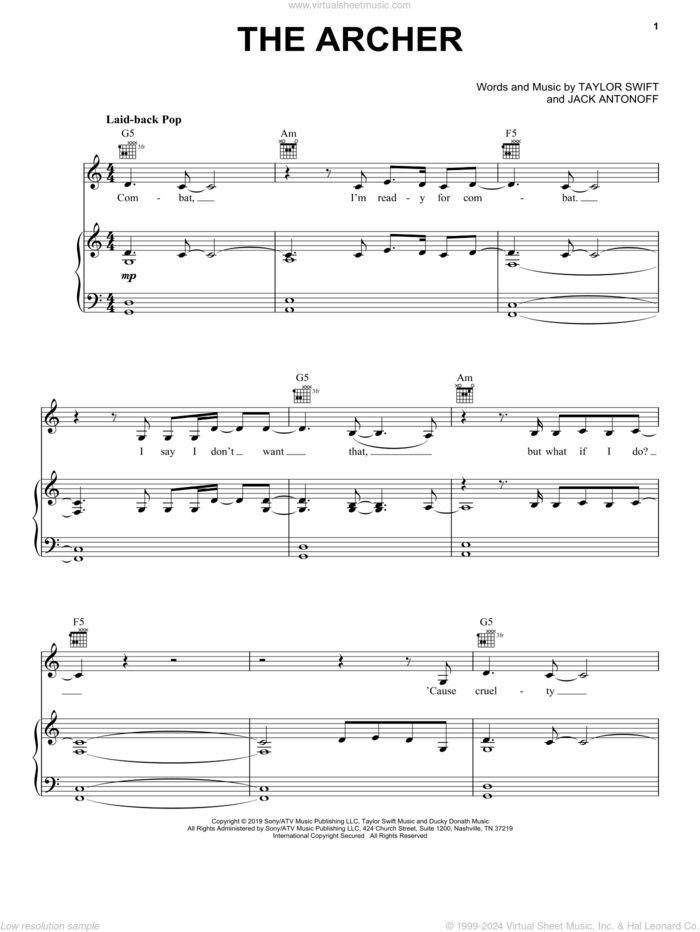 The Archer sheet music for voice, piano or guitar by Taylor Swift and Jack Antonoff, intermediate skill level