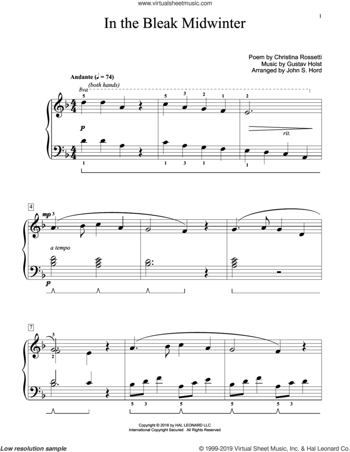 In The Bleak Midwinter (arr. John S. Hord) sheet music for piano solo (elementary) by Gustav Holst, John S. Hord and Christina Rossetti, beginner piano (elementary)