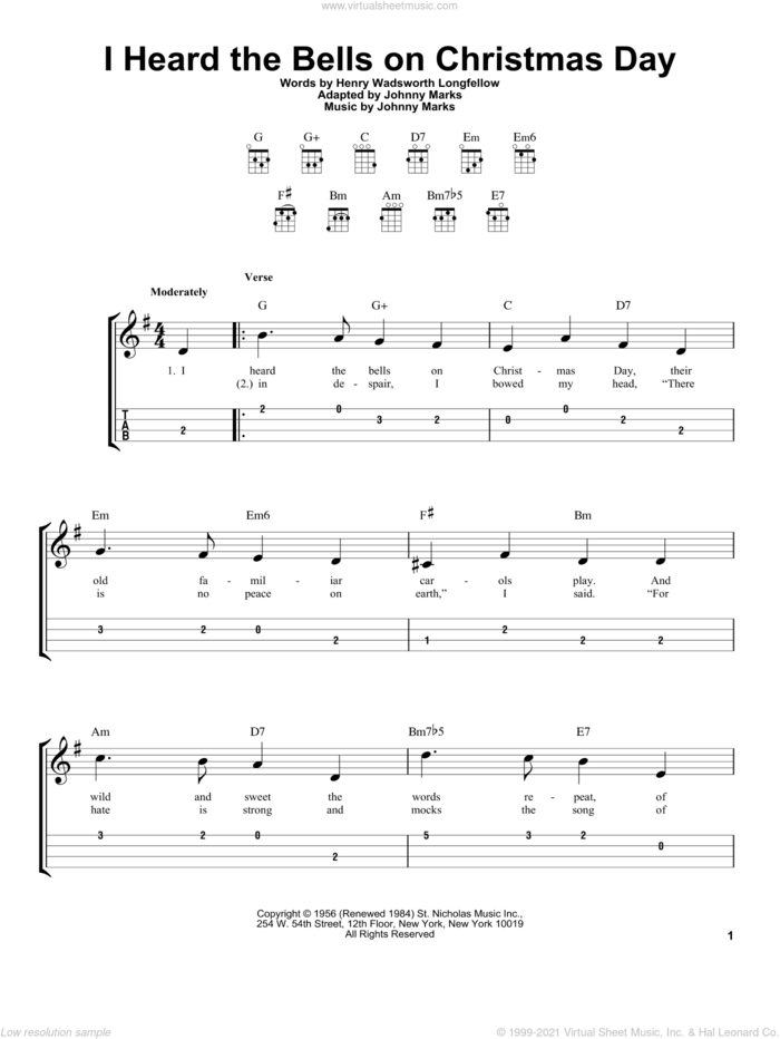 I Heard The Bells On Christmas Day sheet music for ukulele (easy tablature) (ukulele easy tab) by Johnny Marks and Henry Wadsworth Longfellow, intermediate skill level
