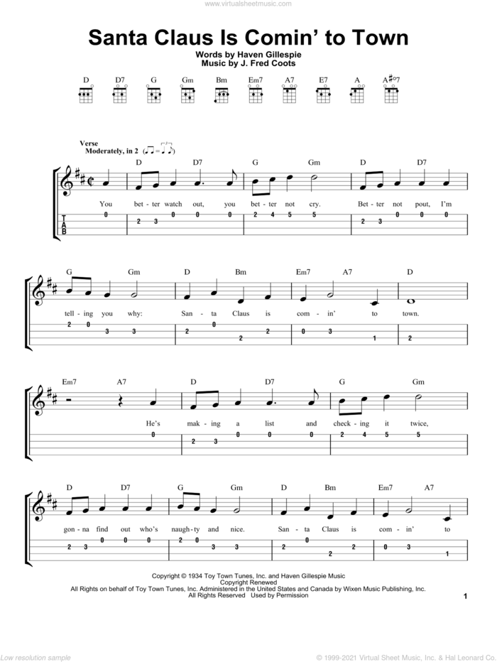 Santa Claus Is Comin' To Town sheet music for ukulele (easy tablature) (ukulele easy tab) by J. Fred Coots and Haven Gillespie, intermediate skill level