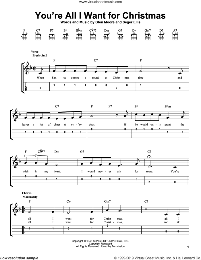 You're All I Want For Christmas sheet music for ukulele (easy tablature) (ukulele easy tab) by Glen Moore & Seger Ellis, Glen Moore and Seger Ellis, intermediate skill level