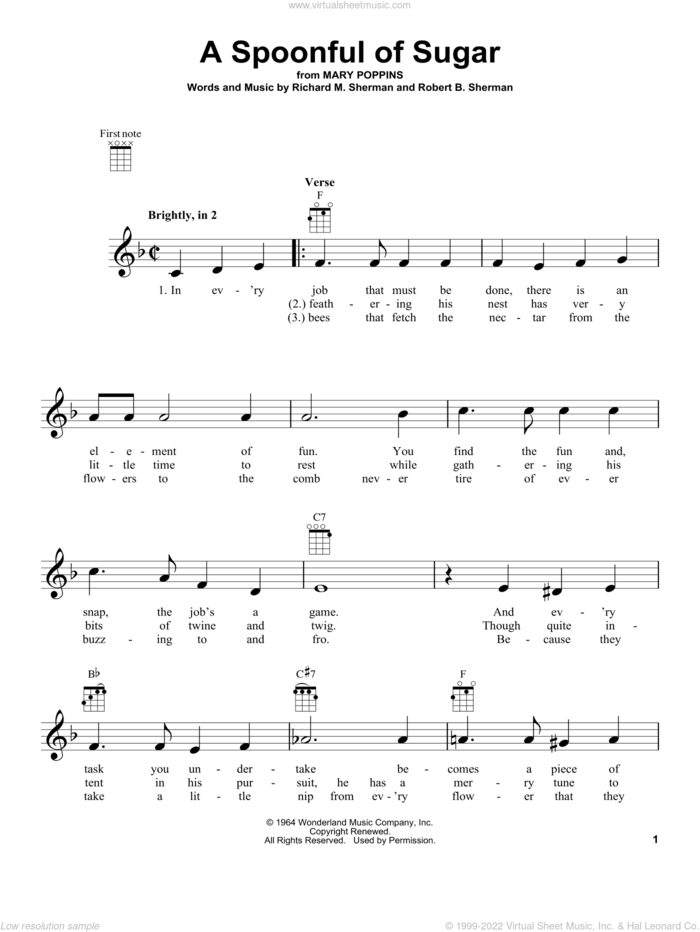 A Spoonful Of Sugar (from Mary Poppins) sheet music for ukulele by Sherman Brothers, Richard M. Sherman and Robert B. Sherman, intermediate skill level